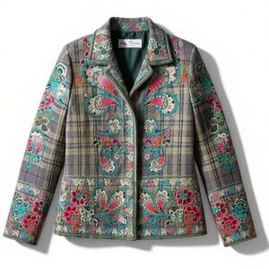 Johnny Was Biya Vintage Wool Embroidered Plaid Green Blazer Medium